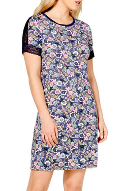 Sesoire Blue Floral Print Lace Trim Modal Nightgown thumbnail 1