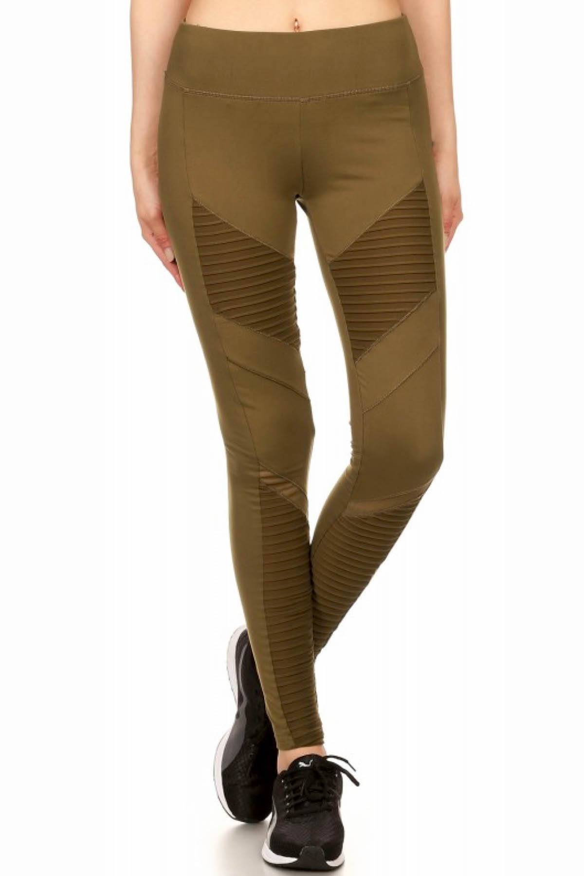 ShoSho Olive Pintuck Panel Contrast Mesh Moto Legging