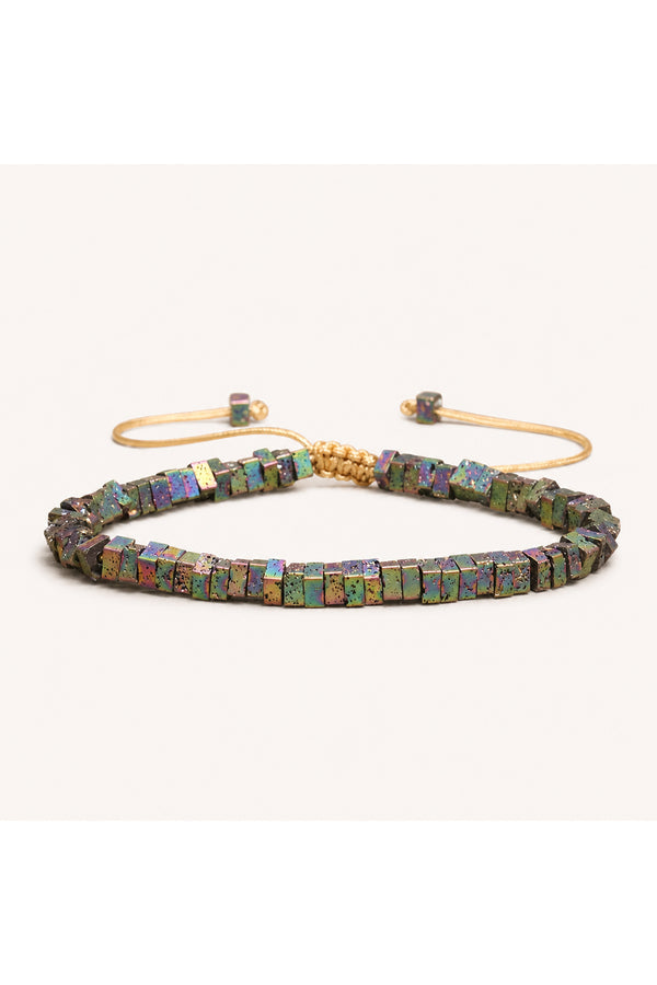 Square Iridescent Lava Rock Adjustable Cord Bracelet