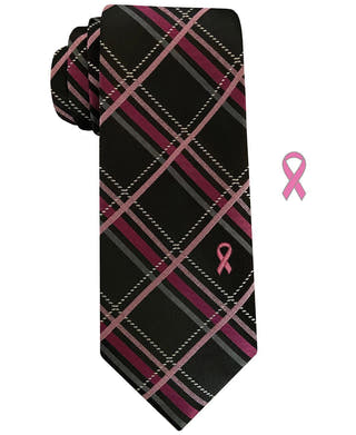 Susan G Komen Slim Plaid Tie With Lapel Pin Black