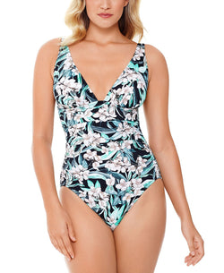 Swim Solutions Plunge Tummy Control One-piece Swimsuit Vintage Bouquet thumbnail 1