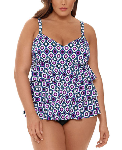 Swim Solutions Plus Jewels Printed Tiered Tummy Control Fauxkini One-piece Swimsuit Jewels