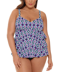 Swim Solutions Plus Jewels Printed Tiered Tummy Control Fauxkini One-piece Swimsuit Jewels thumbnail 1