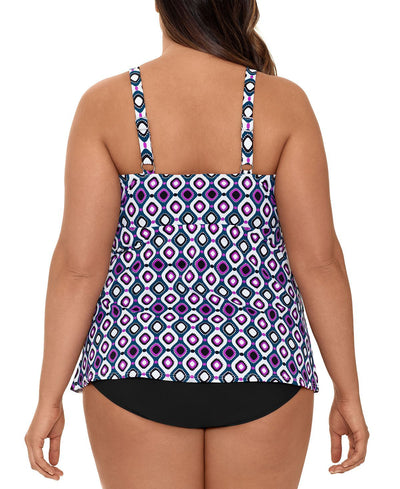Swim Solutions Plus Jewels Printed Tiered Tummy Control Fauxkini One-piece Swimsuit Jewels
