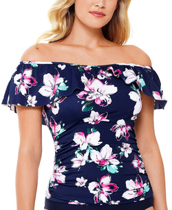 Swim Solutions Status Printed Off-the-shoulder Tankini Top Status Floral Navy thumbnail 1