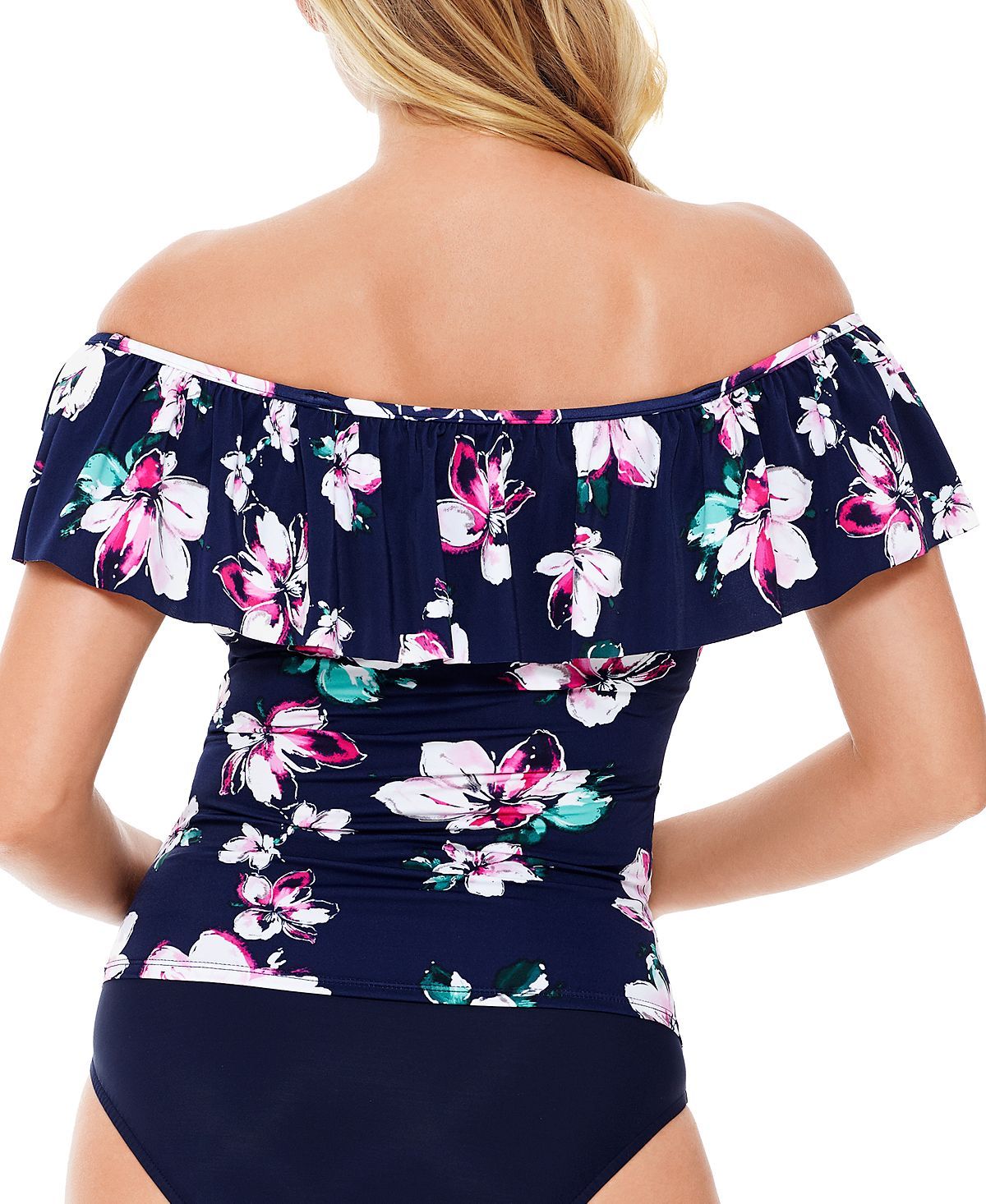 Swim Solutions Status Printed Off-the-shoulder Tankini Top Status Floral Navy