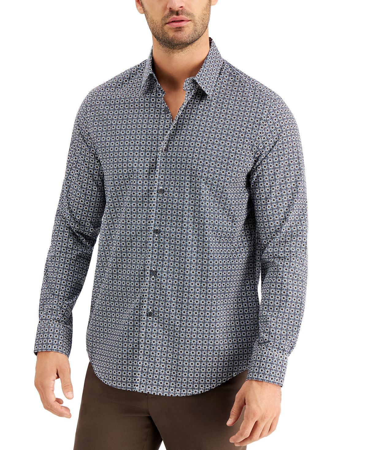 Tasso Elba Stretch Medallion-print Shirt Blue Combo