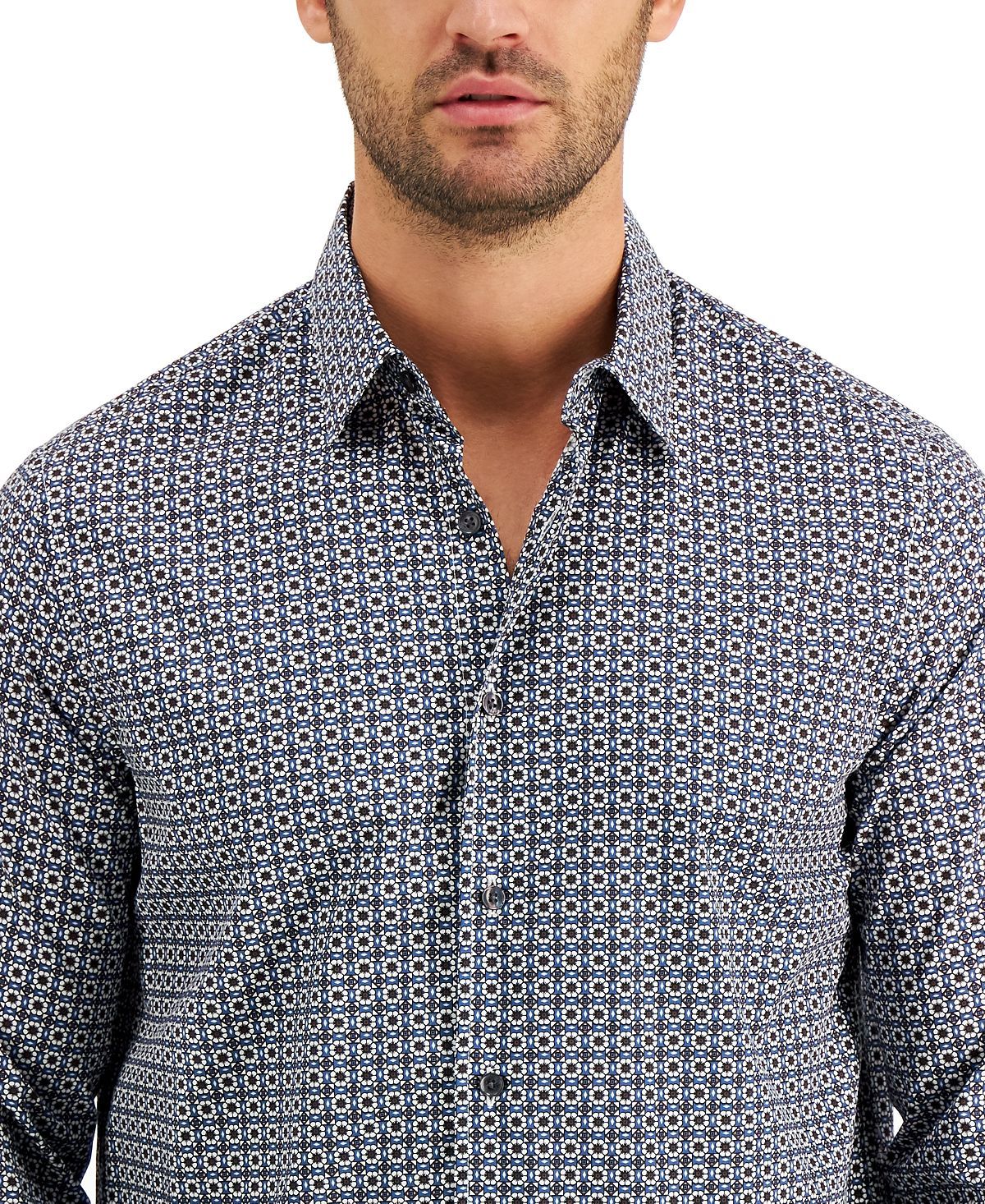 Tasso Elba Stretch Medallion-print Shirt Blue Combo