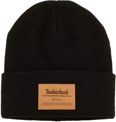 Timberland Black Beanie Leather Patch Rib Knit Hat One Size Men’s Acrylic