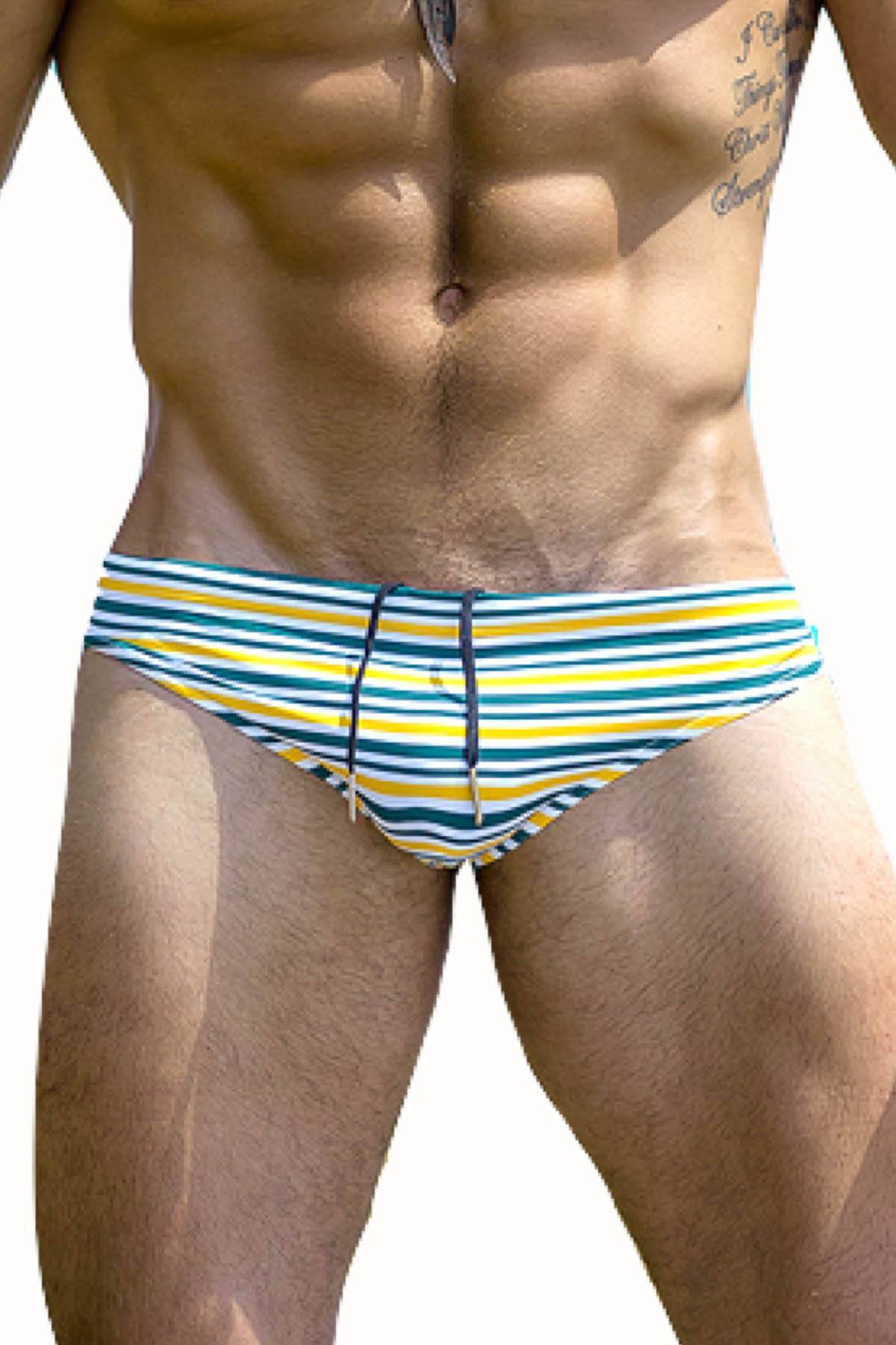 Timoteo Green & Yellow Stripe Lakeshore Swim Brief