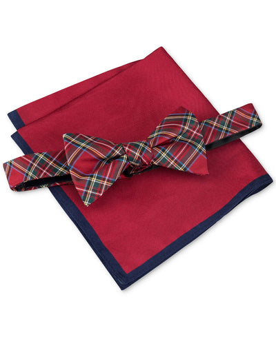 Tommy Hilfiger Royal Plaid Bow Tie & Solid Pocket Square Set