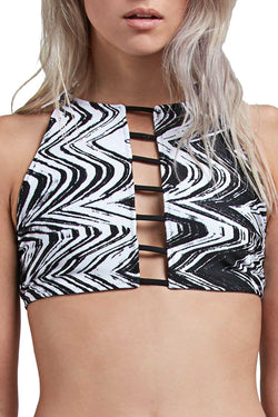Volcom Black/White Stay Tuned Printed Reversible High Neck Crop Bikini Top thumbnail 3