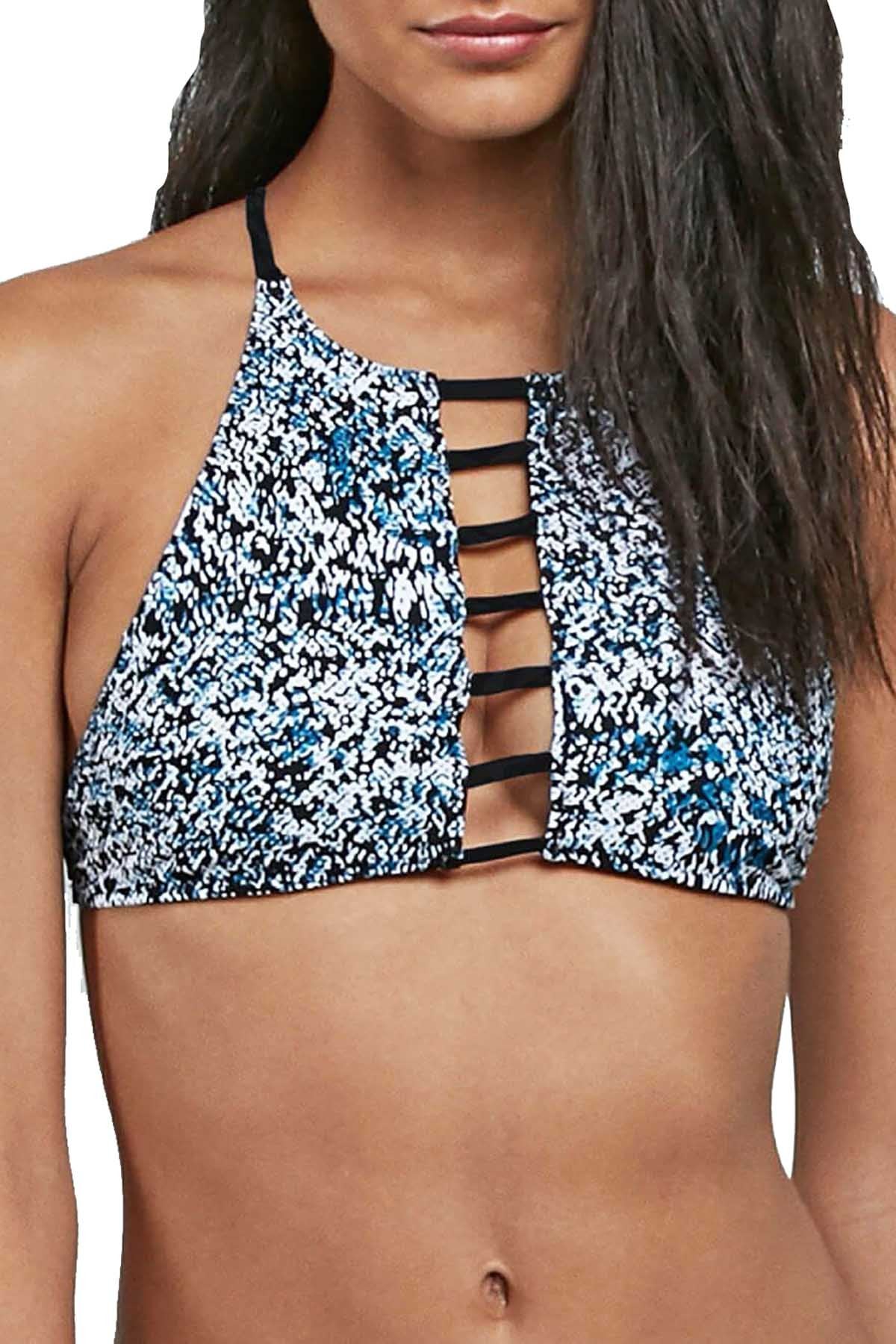 Volcom Black/White Stay Tuned Printed Reversible High Neck Crop Bikini Top