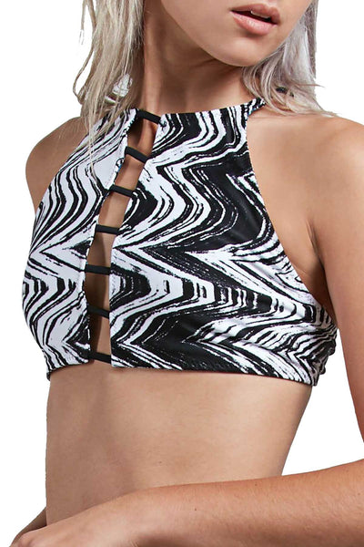 Volcom Black/White Stay Tuned Printed Reversible High Neck Crop Bikini Top