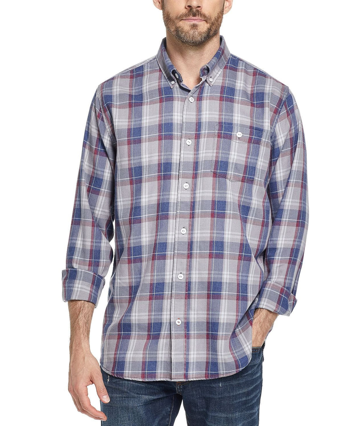 Weatherproof Vintage  Button-down Plaid Shirt Gray