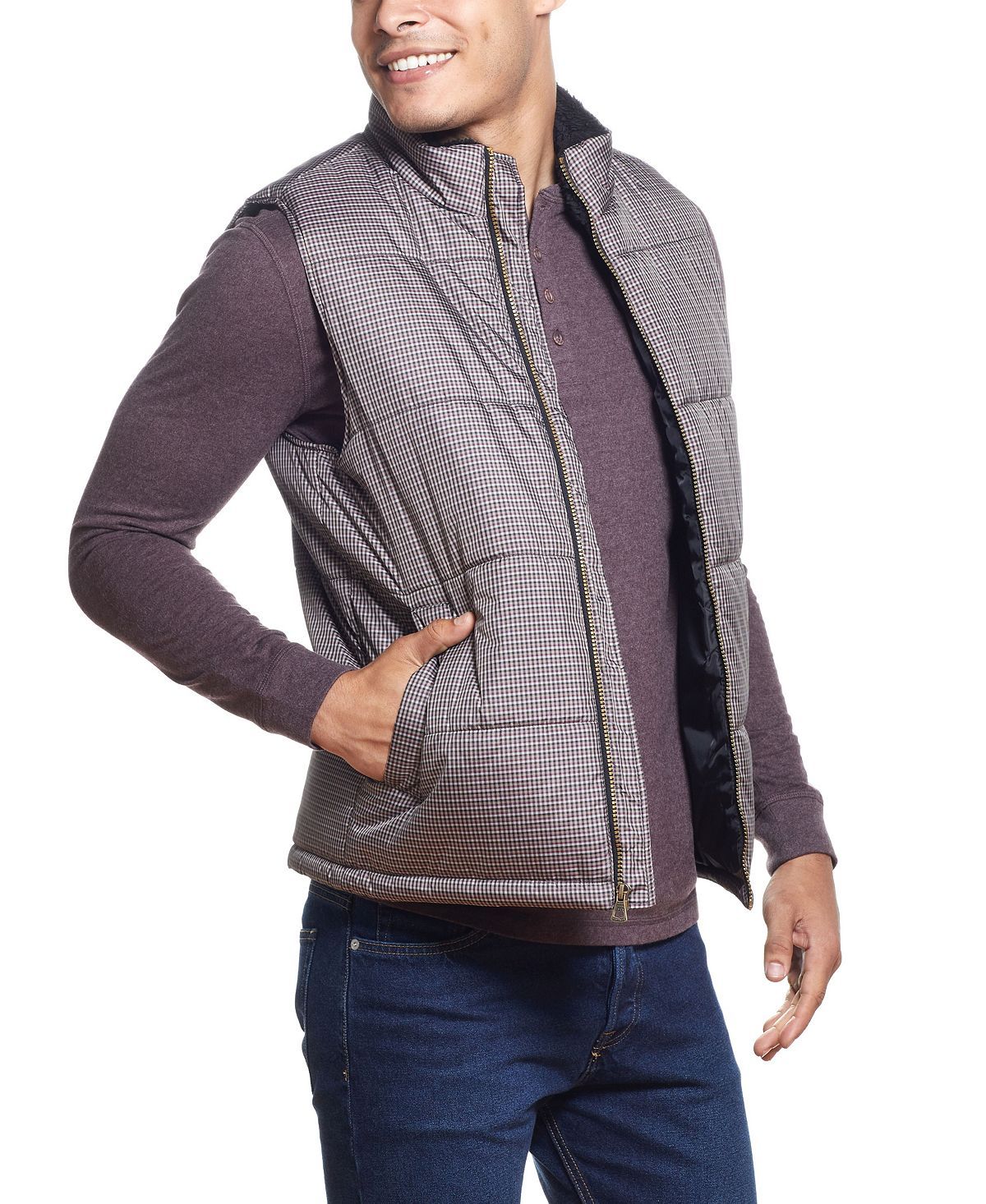 Weatherproof Vintage Plaid Check Puffer Vest Burg Khaki