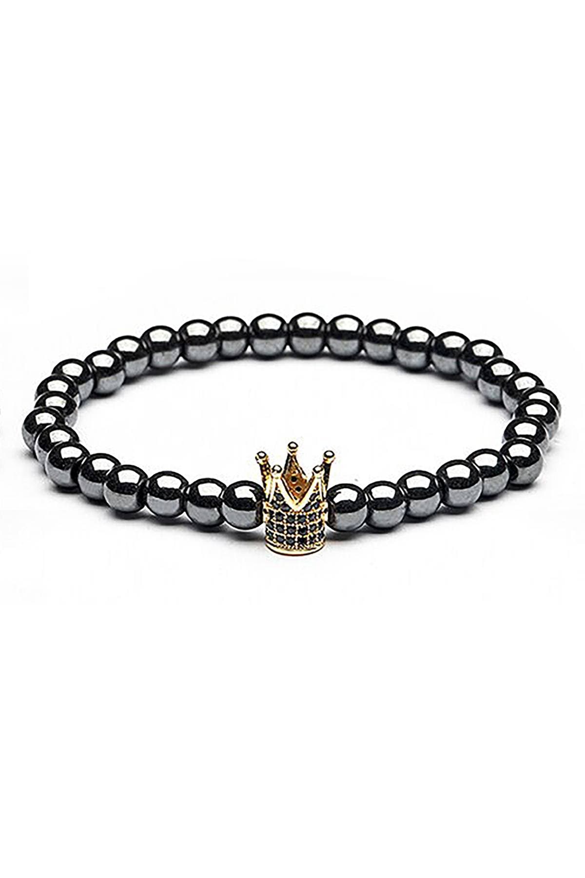 18K Gold Plated Micro Pave CZ Crown Hematite Skinny Healing Bracelet