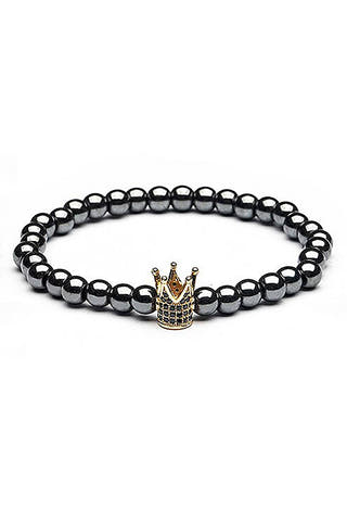 18K Gold Plated Micro Pave CZ Crown Hematite Skinny Healing Bracelet