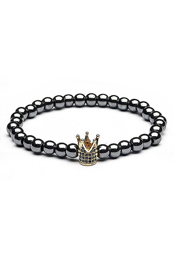 18K Gold Plated Micro Pave CZ Crown Hematite Skinny Healing Bracelet