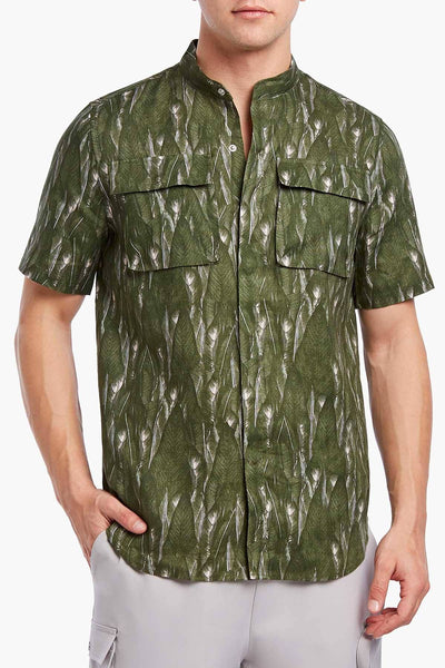 2(X)IST Jungle-Leaf Printed Linen Urban-Jungle Camp Shirt