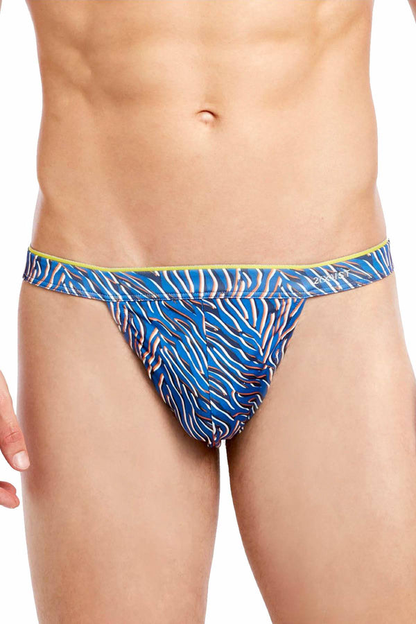 2(X)IST Lapis-Blue Layered Zebra-Print Sliq-Micro Y-Back Thong