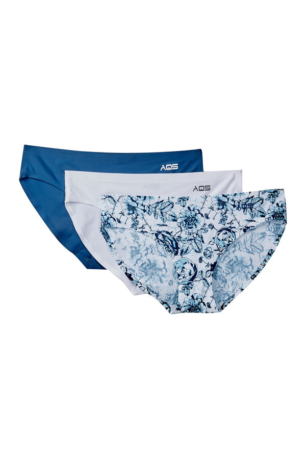 AQS 3Pk Blue Flowers Laser Cut Bikini Brief