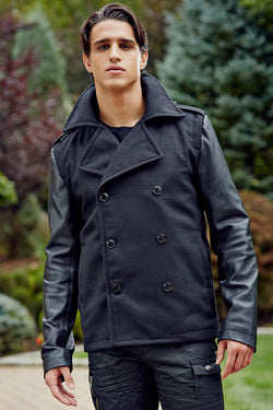 P.O.V. Black Peacoat with Leather Sleeves thumbnail 3