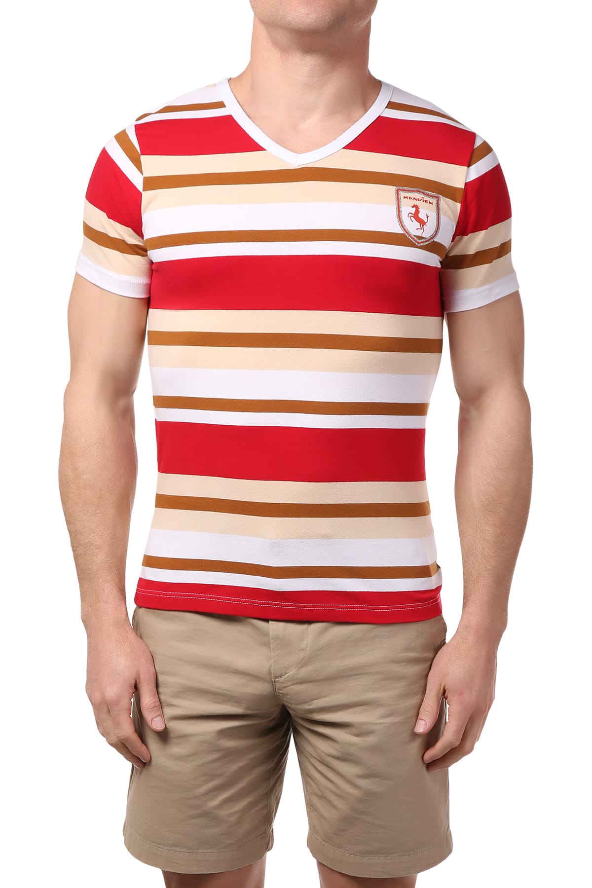 Manview Brown Striped V-Neck Tee