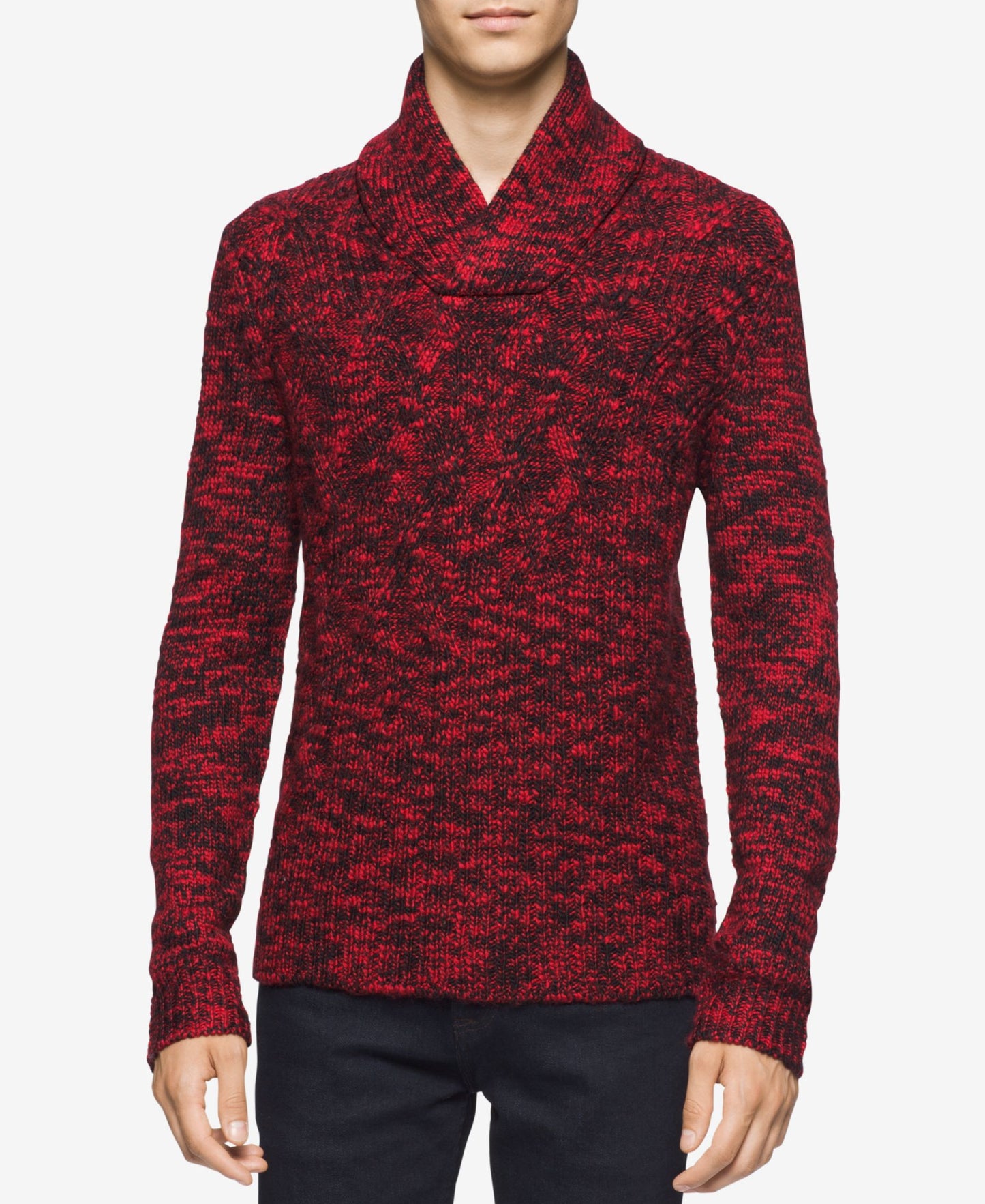 Calvin Klein Asymmetric Cable-Knit Shawl-Collar Sweater XXLarge Black/Red Combo