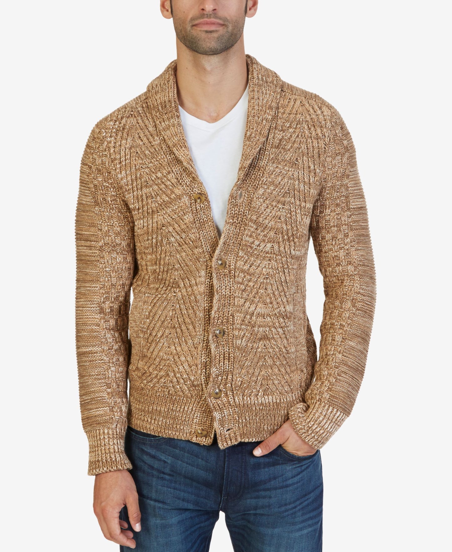 Nautica Mixed Knit Shawl Collar Cardigan Oyster Brown Large