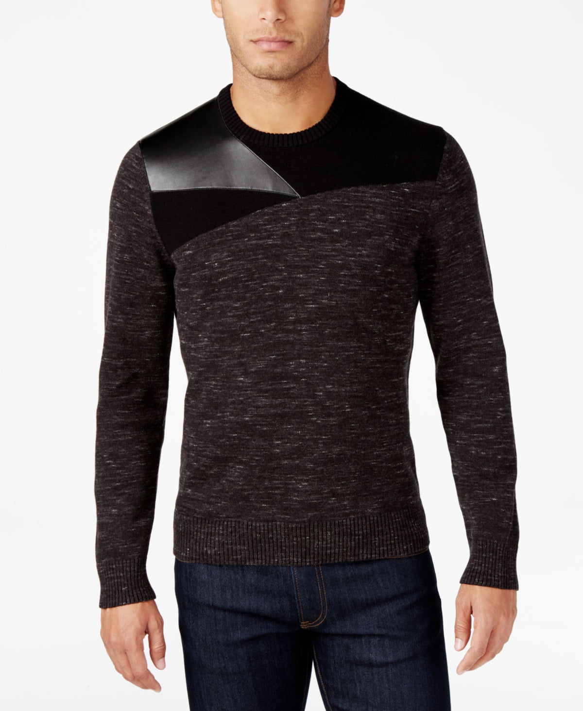 INC International Concepts Mixed-Media Faux-Leather Trim Sweater Large