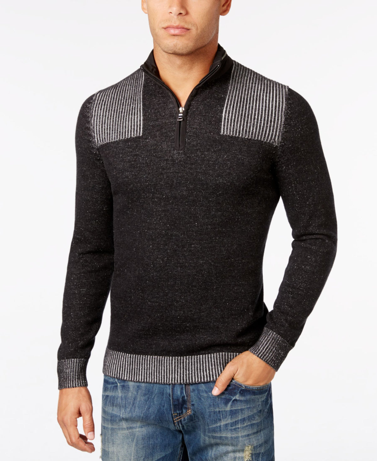INC Medium 1/2 Zip Ribbed Knit Trim Sweater Black Medium