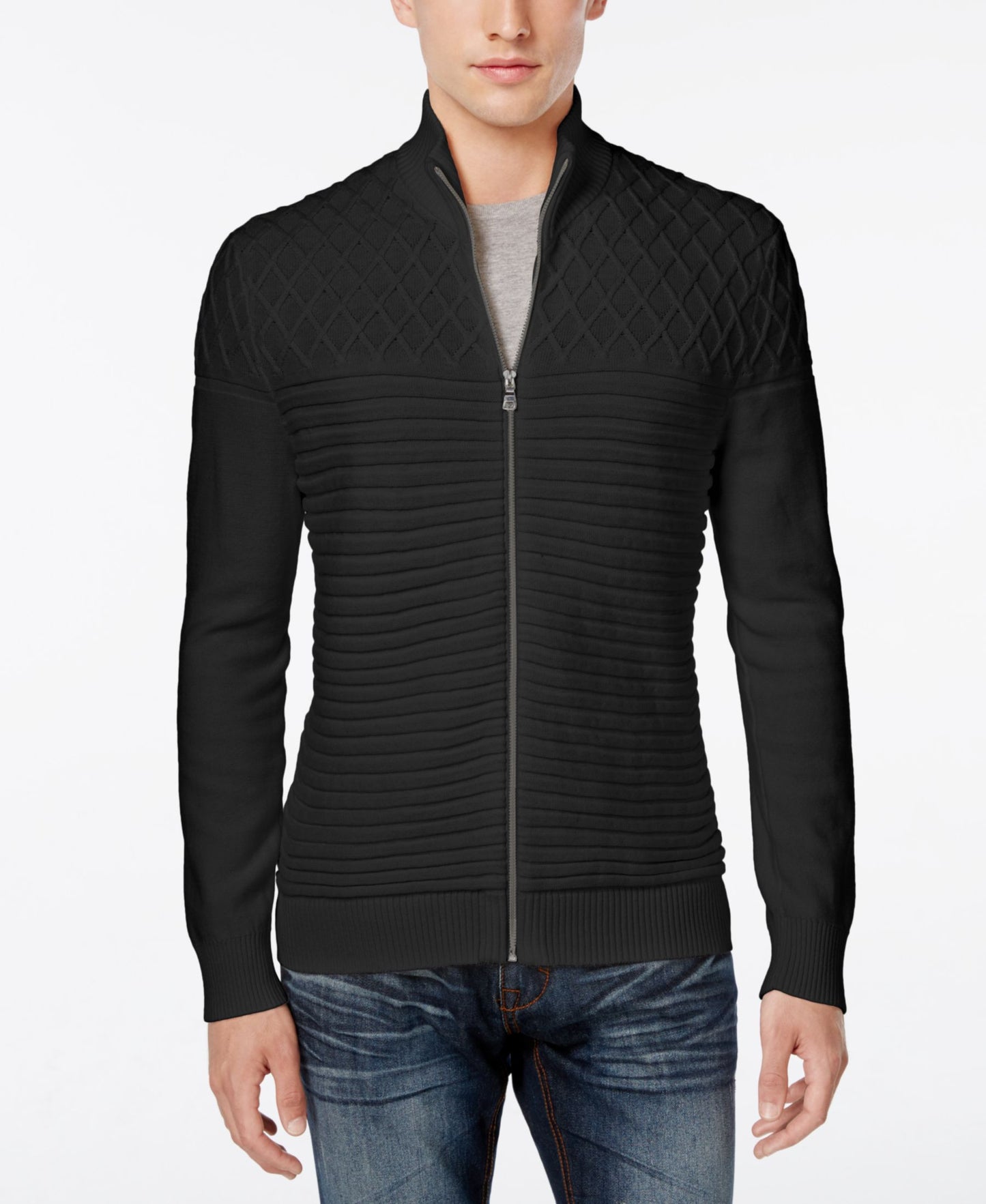 INC Solid Deep Large Full-Zip Crewneck Sweater Black L