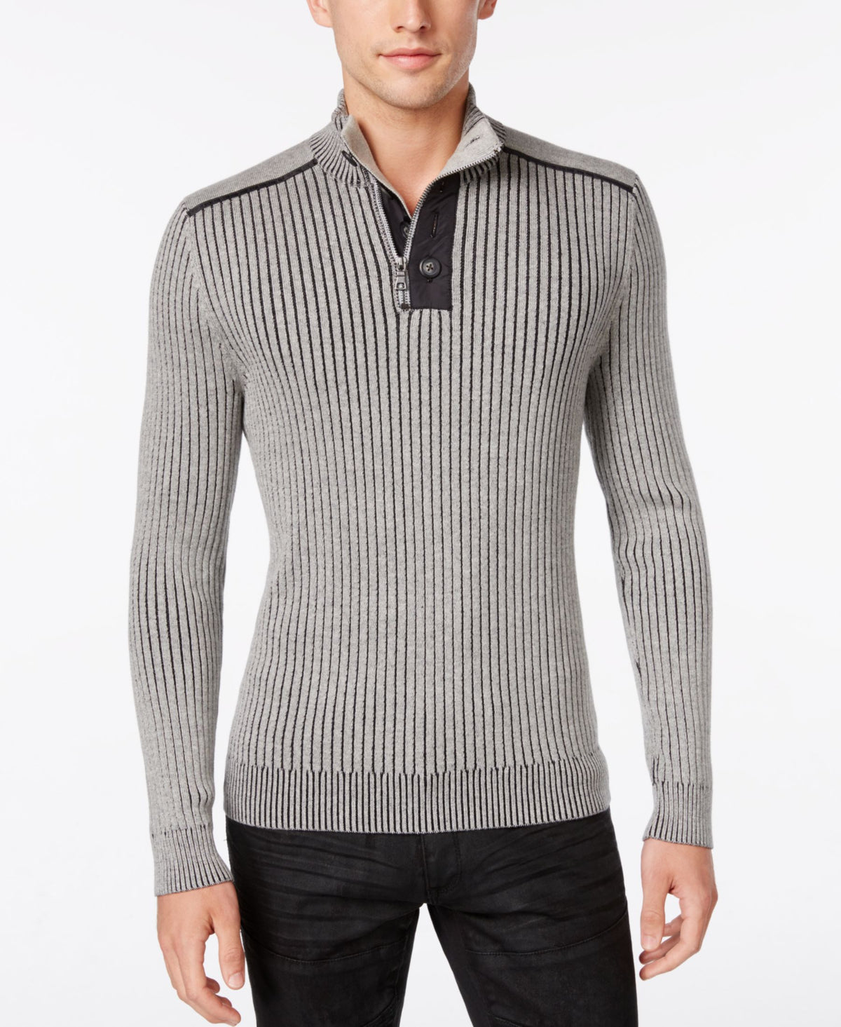 INC International Concepts Quarter-Zip & Button Ribbed Sweater Large