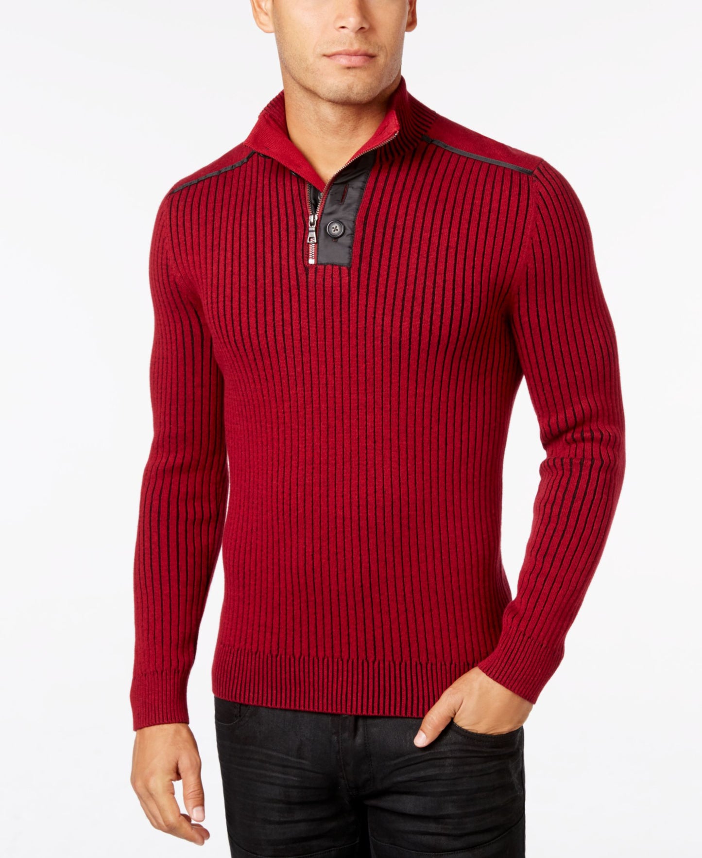 INC International Concepts Quarter-Zip & Button Ribbed Sweater XL Bright Rhubarb