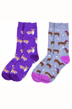 Sofra Corgis & Dachshunds Novelty Crew Socks 2-Pairs thumbnail 1