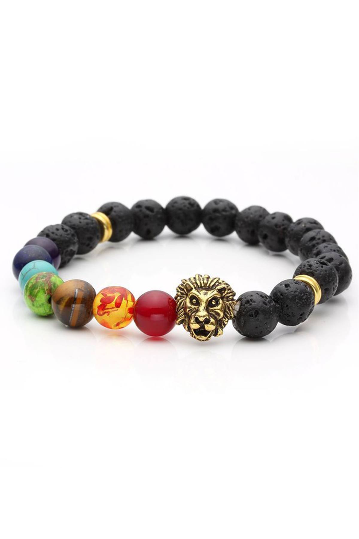 7-Chakra Black Lava-Stone Healing Lion Bracelet
