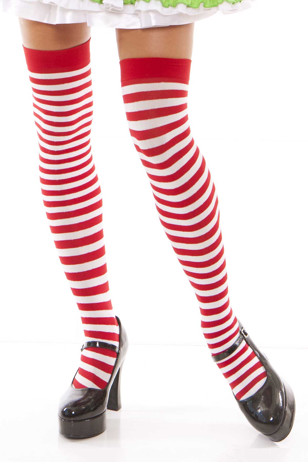 Elegant Moments White & Red Striped Thigh High Socks