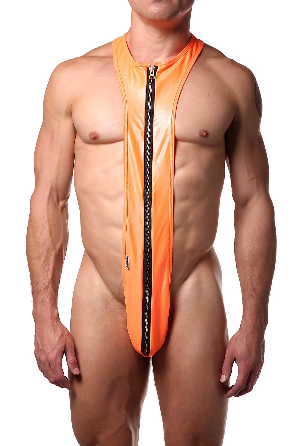 Candyman Neon-Orange Wet-Look Zipper Singlet