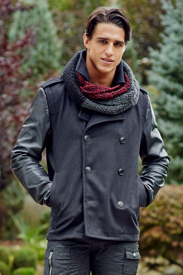 P.O.V. Black Peacoat with Leather Sleeves