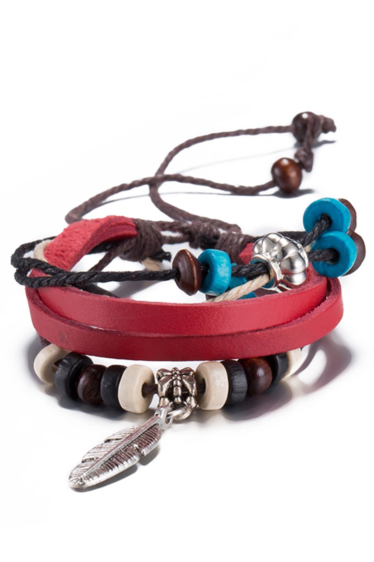 Red Leather Feather Charm Bracelet