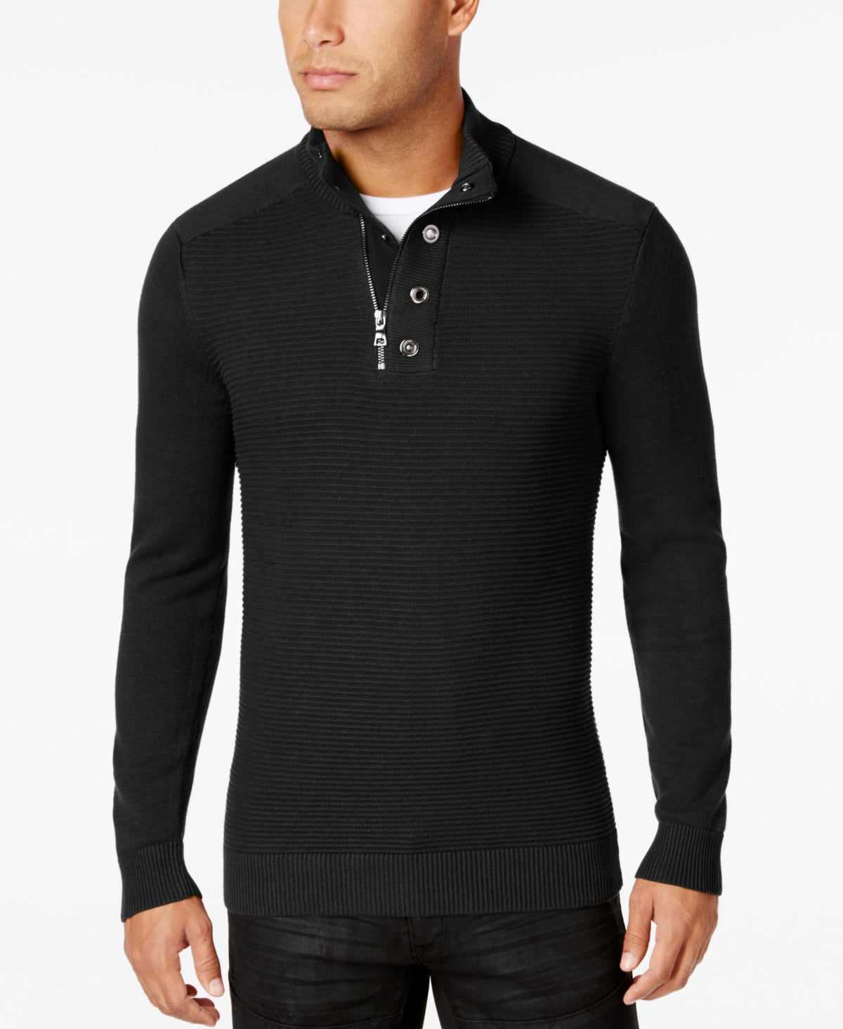 INC International Concepts Deep-Black Bankman Quarter-Zip Eyelet Sweater