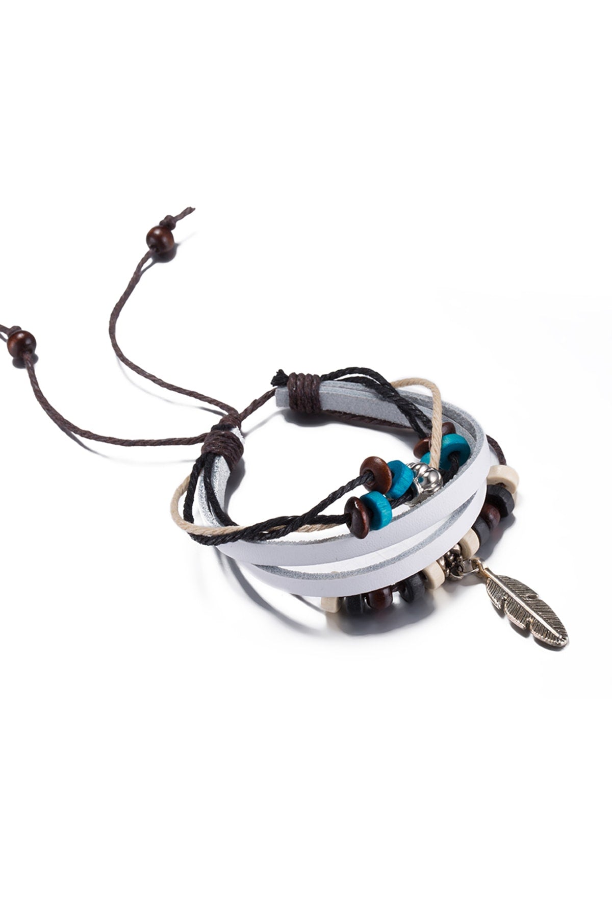 White Leather Feather Charm Bracelet