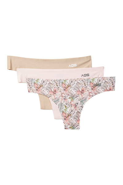 AQS 3Pk Tropical Flowers Laser Cut Thong
