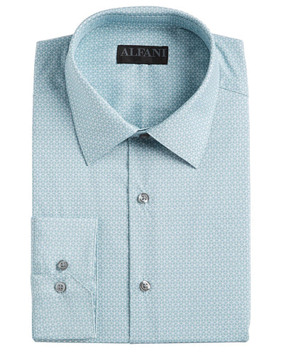 Alfani Alfatech Slim-fit Performance Stretch Moisture-wicking Wrinkle-resistant Cube-print Dress Shirt Lt Green White