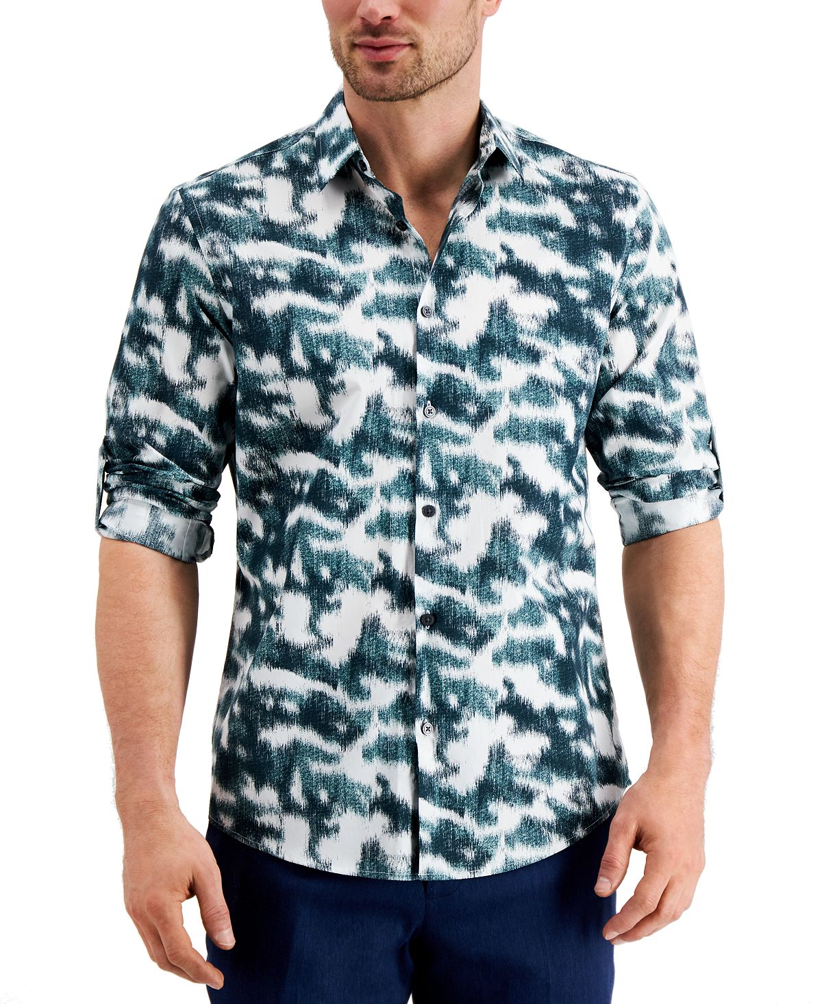 Alfani Classic-fit Ikat-print Utility Shirt Deep Ocean Green