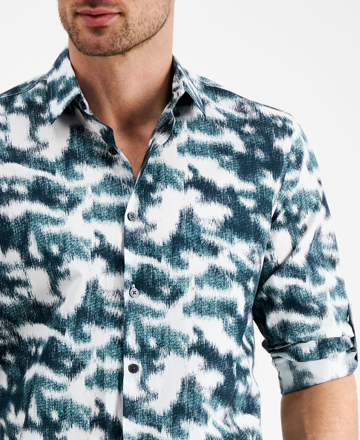 Alfani Classic-fit Ikat-print Utility Shirt Deep Ocean Green