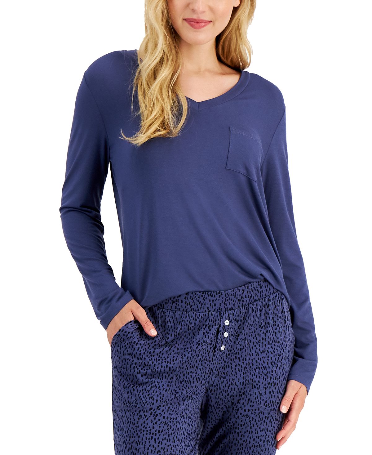 Alfani Essentials Long-sleeve Pocket Pajama T-shirt Night Shadow
