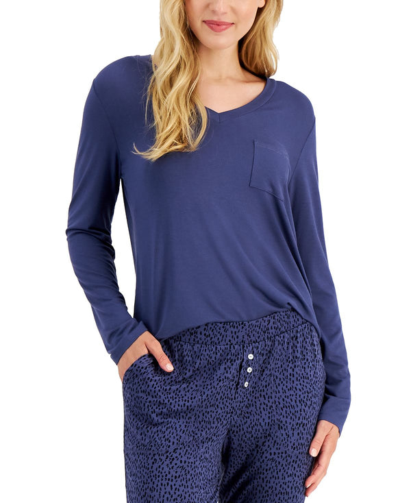 Alfani Essentials Long-sleeve Pocket Pajama T-shirt Night Shadow