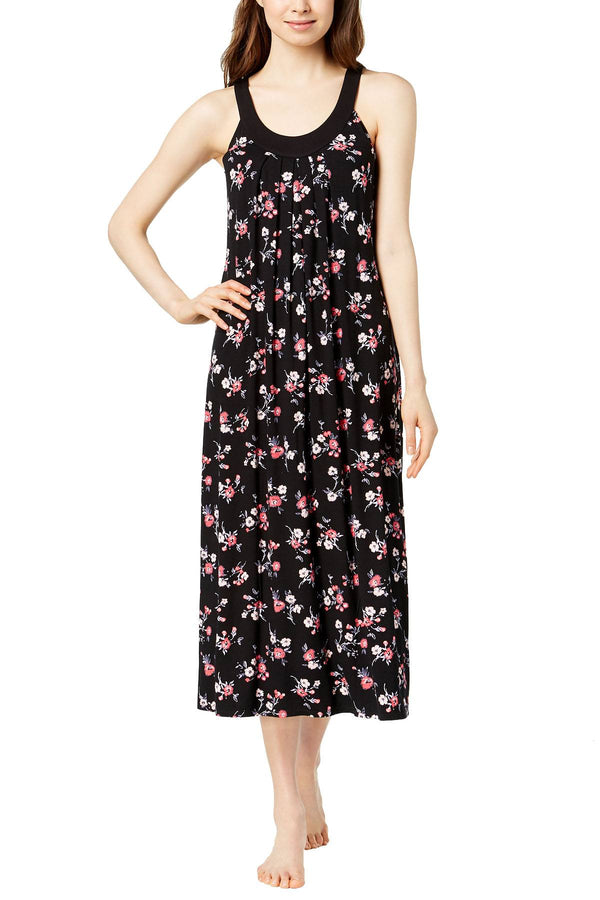 Alfani Intimates Black Bouquet-Print Pleated Nightgown